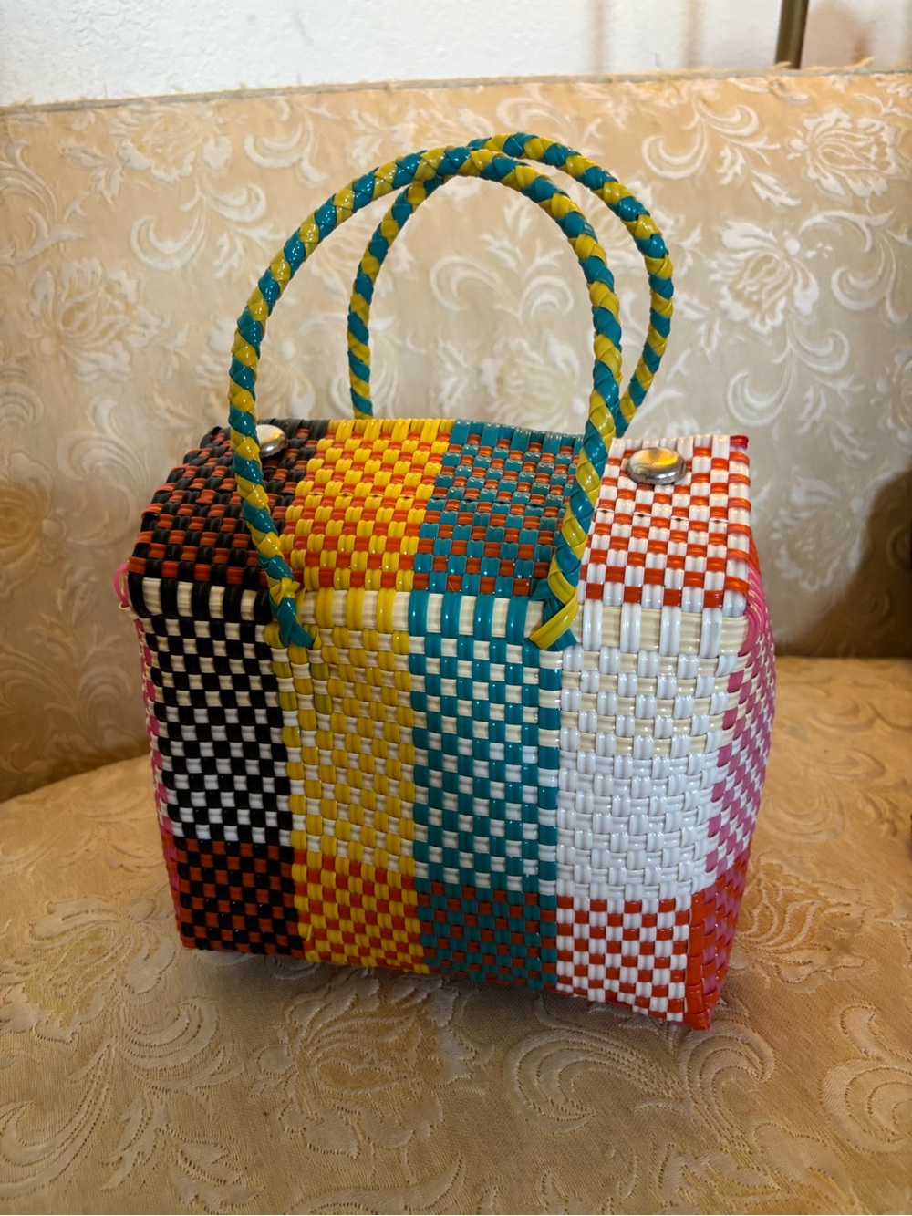 Multicolor Woven Tote Bag - Vibrant Patchwork Design